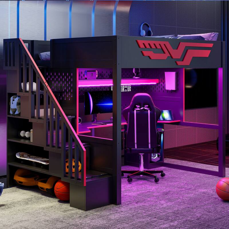 Roomfitters Full Size Gaming Loft Bed with Integrated Desk and Storage Stairs, Heavy Duty Metal Frame, Red and Black - Red+Black