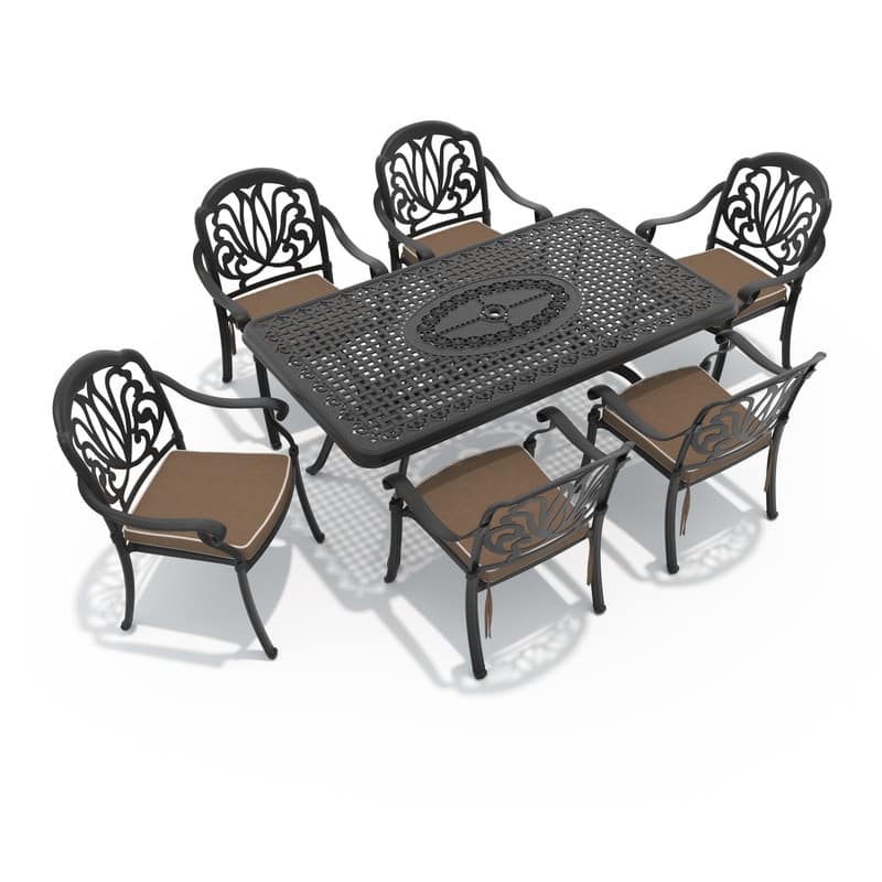 7-Piece Cast Aluminum Outdoor Dining Set with Brown Seat Cushions