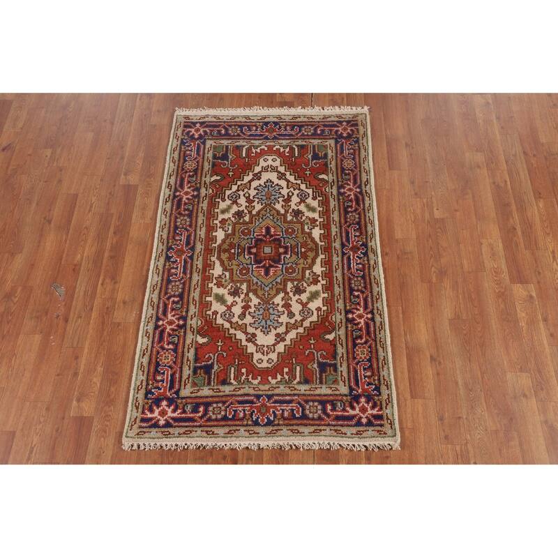 Ivory Geometric Heriz Serapi Indian Foyer Rug Hand-Knotted Wool Carpet - 3'0"x 4'11"