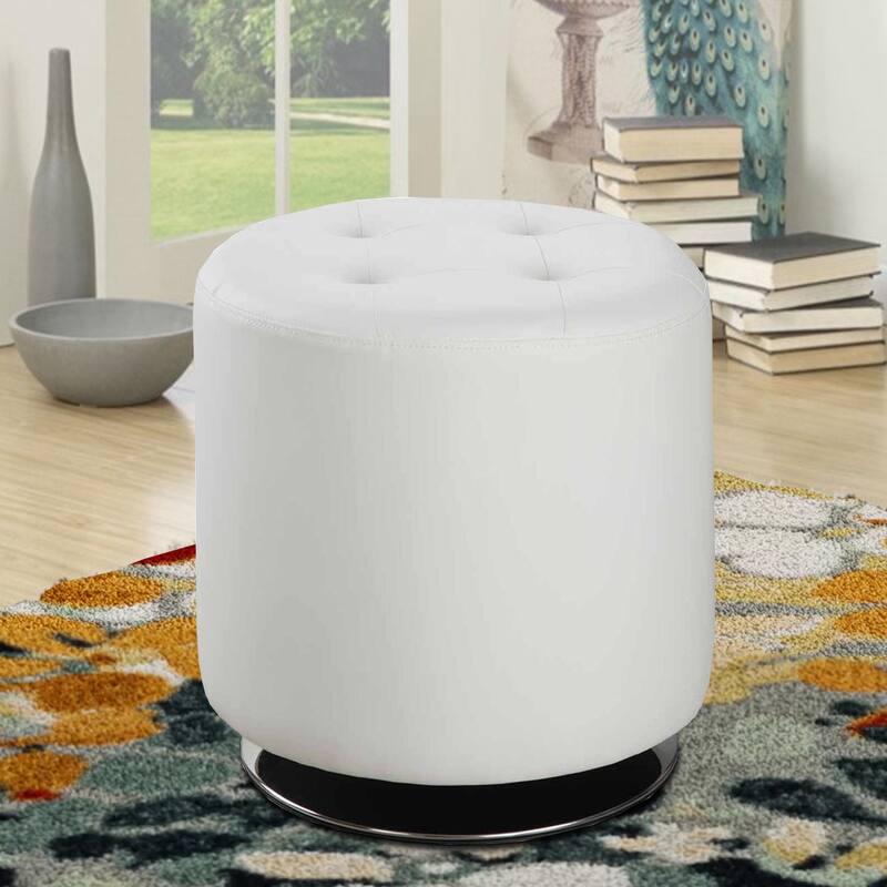 18 Inch Round Swivel Ottoman, Vegan Faux Leather, Tufted Seat, White, Chrome