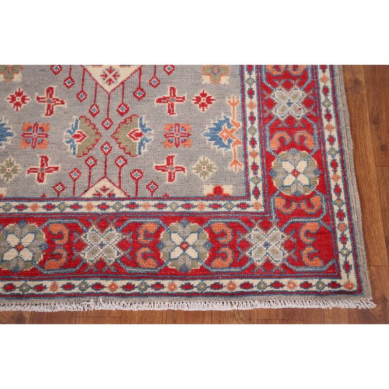 Gray Geometric Kazak Foyer Rug Hand-Knotted Hallway Wool Carpet - 3'3" x 4'4"