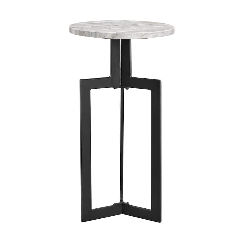 Black Metal Sculptural Pedestal & Faux Stone Tabletop Accent End Table