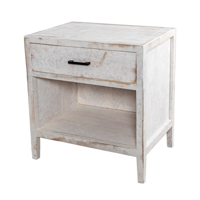 Distressed White Solid Wood 1-Drawer Nightstand Bedside Table with Shelf