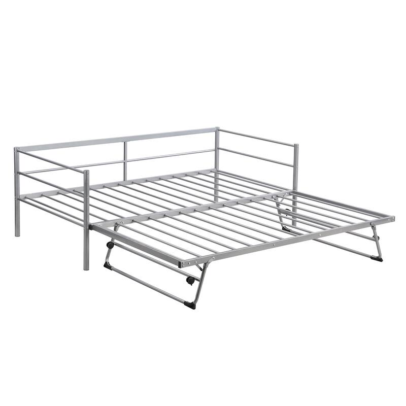 Silver Twin Size Metal Daybed Sofa Bed Frame with Adjustable Trundle
