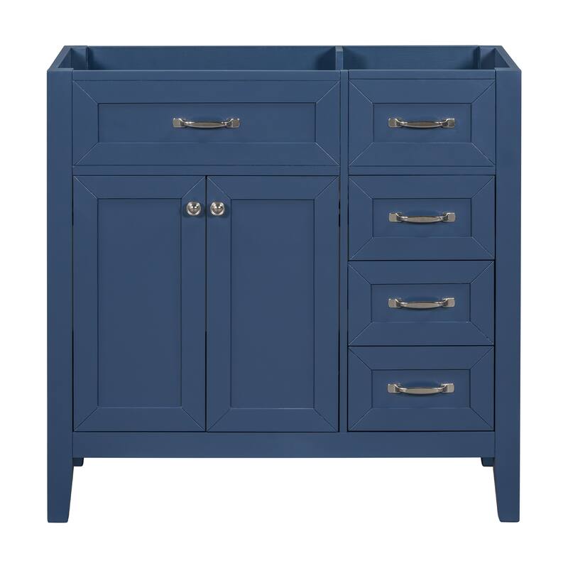 36" Modern White Bathroom Vanity Cabinet Base, 2 Doors & 3 Drawers, Solid Rubber Wood & MDF