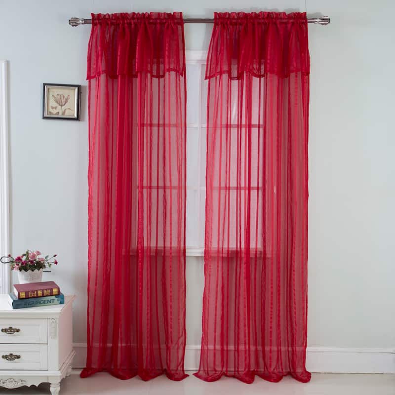 Gretchen Striped Sheer Window Curtain Rod Pocket 90 inch - 54 x 90 in. - Red