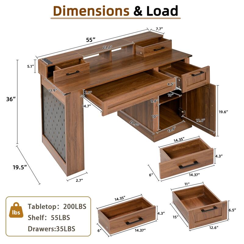 55" Farmhouse Office Desk with Storage, Charging Station, Barn Door & Keyboard Tray