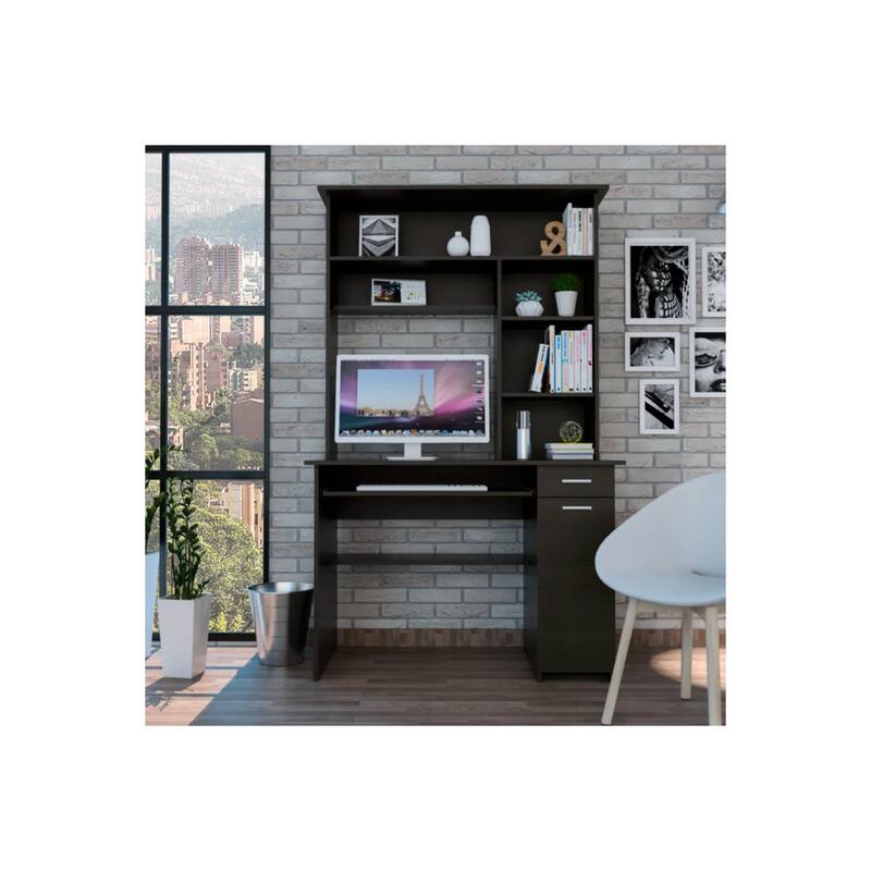 Singapore Desk - Black Wengue Finish - Modern Office Computer Writing Workstation Hutch & Cabinet