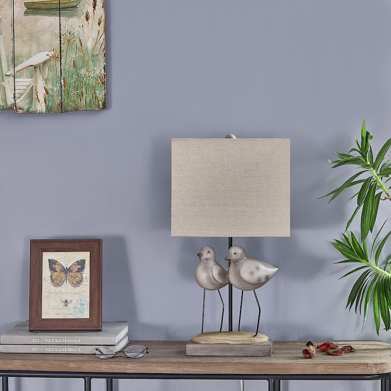 20"H Gray and Tan Resin Birds Table Lamp With Shade - 11" x 7" x 20"
