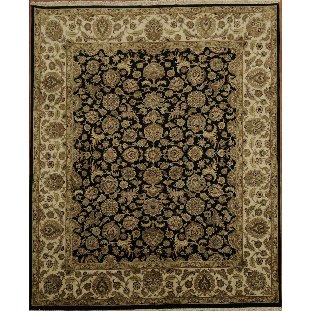 Hand Knotted Oriental 100% Wool Carpet Traditional All-Over Black Agra Area Rug - 9' 10'' X 8' 0''