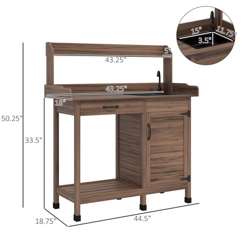 Outsunny Potting Bench Table with Faucet, Sink, Hooks and Storage Cabinet, Outdoor Prep Table Gardening Bench