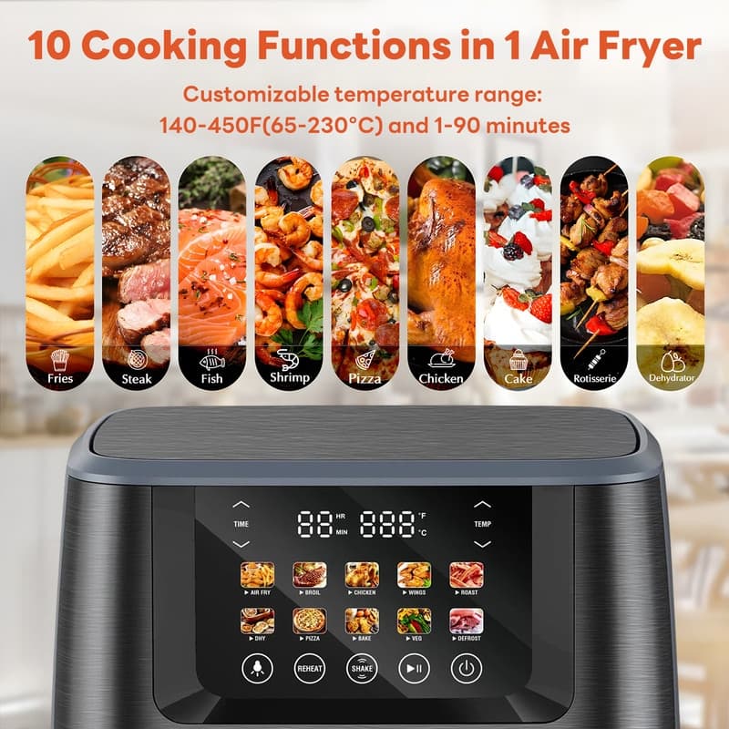 Air Fryer with Color LCD Display Touchscreen with ClearCook Cooking Window,Broil,Roast,Dehydrate,Bake