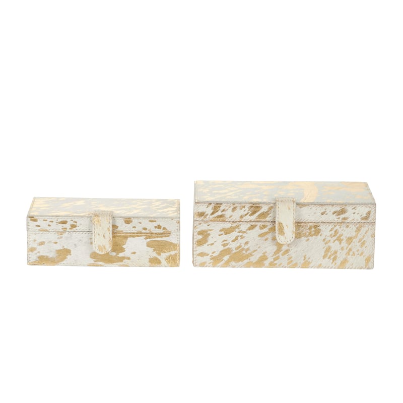 Gray, Silver or Gold Leather Handmade Cowhide Storage Box with Silver Foil Accents (Set of 2)
