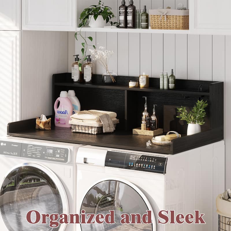 54" x 27.4" Laundry Countertop for Washer and Dryer with Non-Slip Pads，LED Lights，Power Outlets