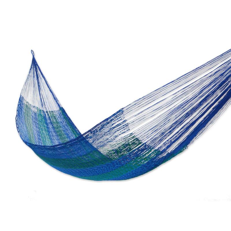 Cool Turquoise and Blue Stripe Hand Knotted Rope Style Nylon Single Hammock - Hammock, 'Cool Lagoon'(MEXICO)