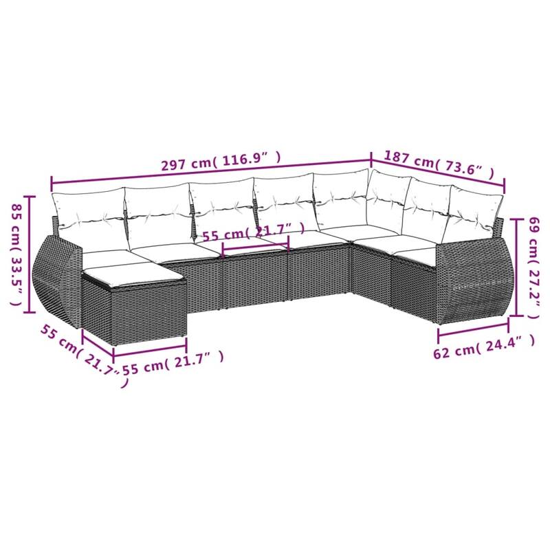 vidaXL Patio Sofa Set with Cushions Outdoor Conversation Furniture Poly Rattan - 21.7 x 21.7 x 14.6