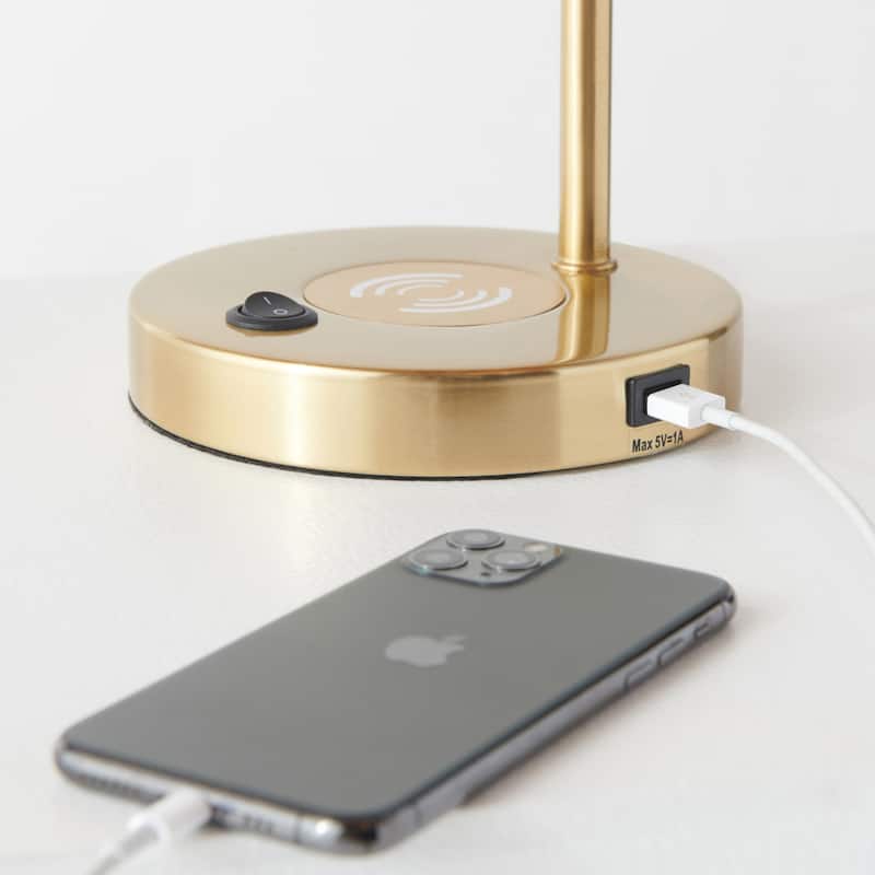 Brightech Elizabeth 16 in. Antique Brass Modern LED Desk Table Lamp with Built-In USB Port and Wireless Charging Pad (2-Pack)