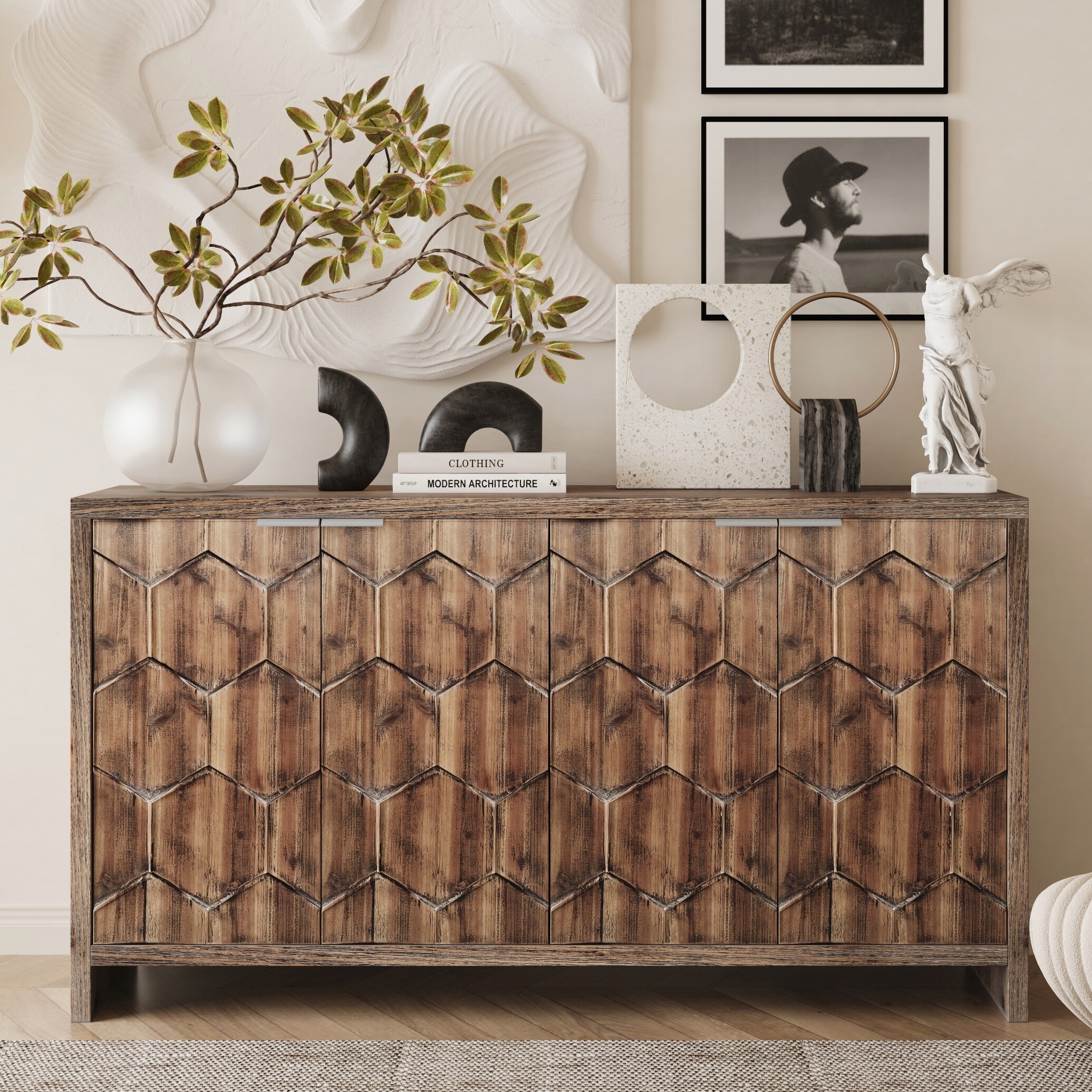 Farmhouse Style 4 Door Wooden Cabinet Sideboard Buffet