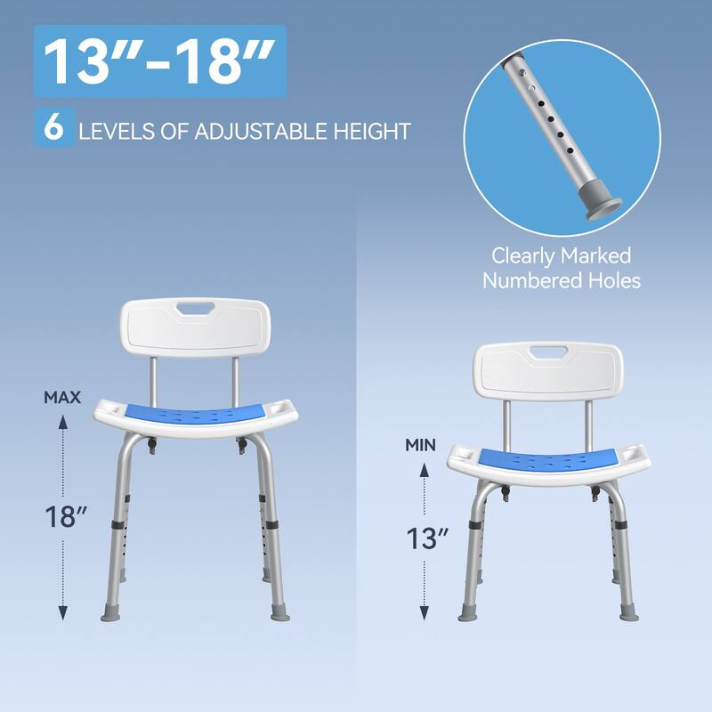 Shower Chair for Shower and Bathtub with Removable Back, 6 Levels Height Adjustable, 400 LBS Weight Capacity