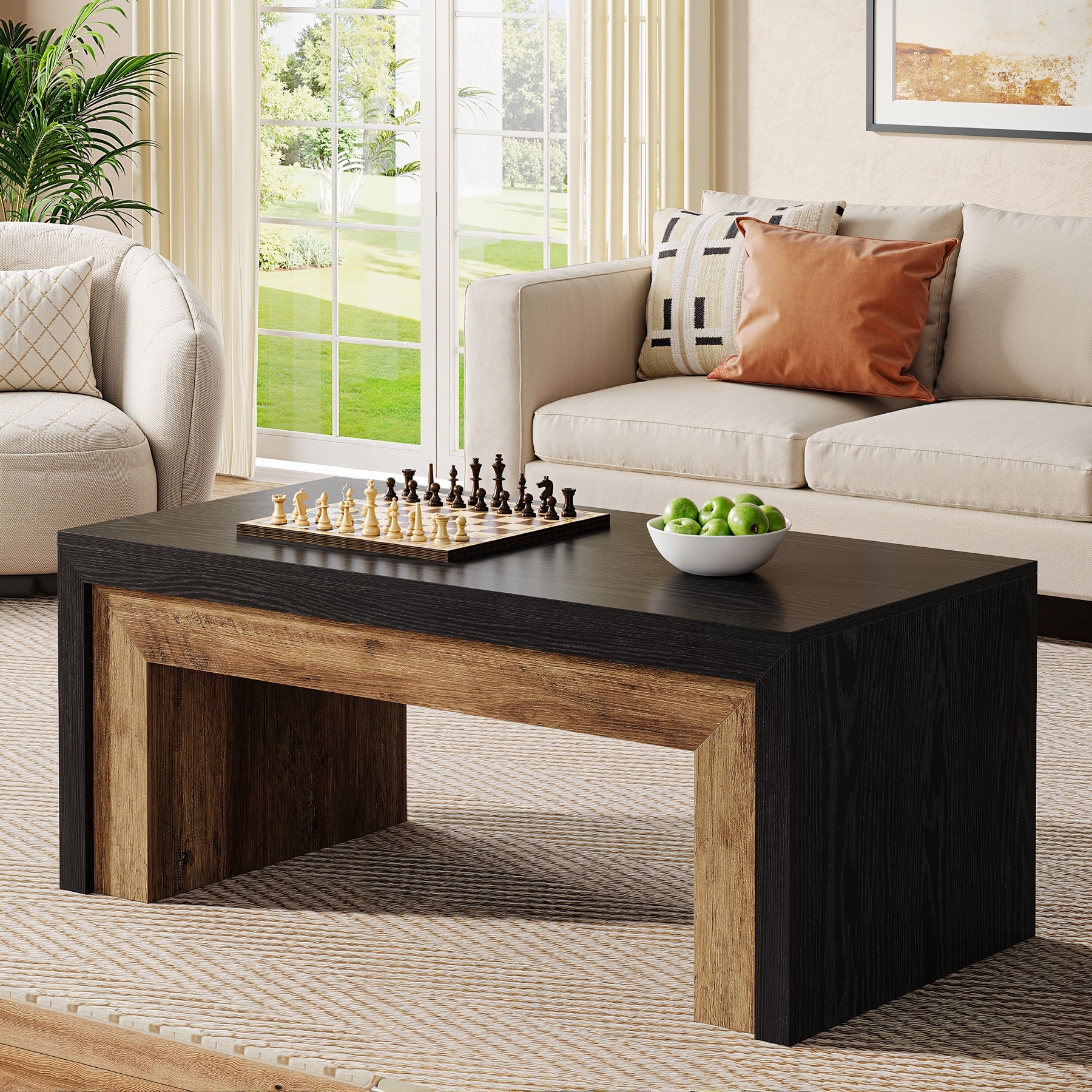 Modern Rectangle Coffee Table with Sturdy Base, Black & Walnut Wood Finish - 47.2" W x 23.6" D x 19.7" H