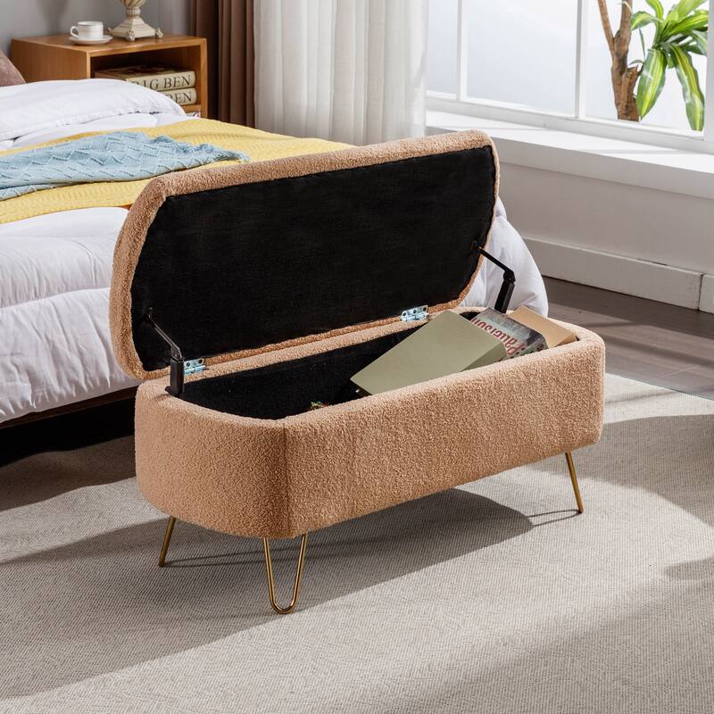 Oval Storage Ottoman Bench with Gold Legs by GDFStudio - 39.37"L x15.75"W x 15.50"H