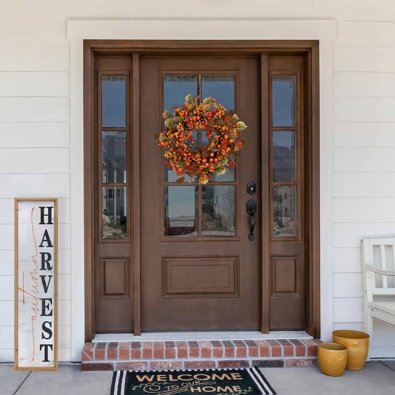 Berries and Pumpkins Artificial Fall Harvest Wreath - 24" - Orange and Green - Unlit