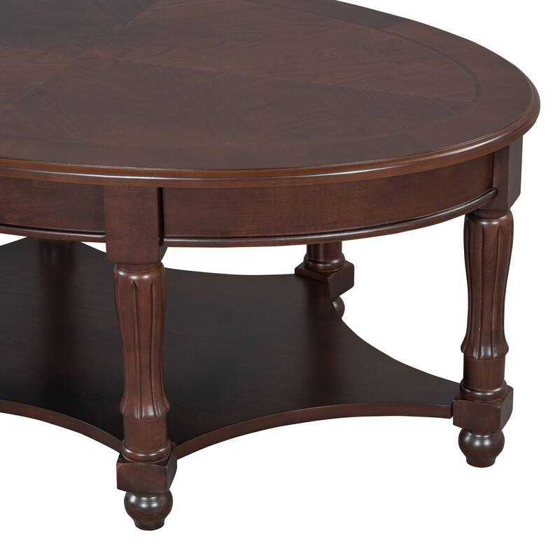 French Country Style Coffee Table Vintage Oval Coffee Table with Drawers and Storage Shelves, for Living Room