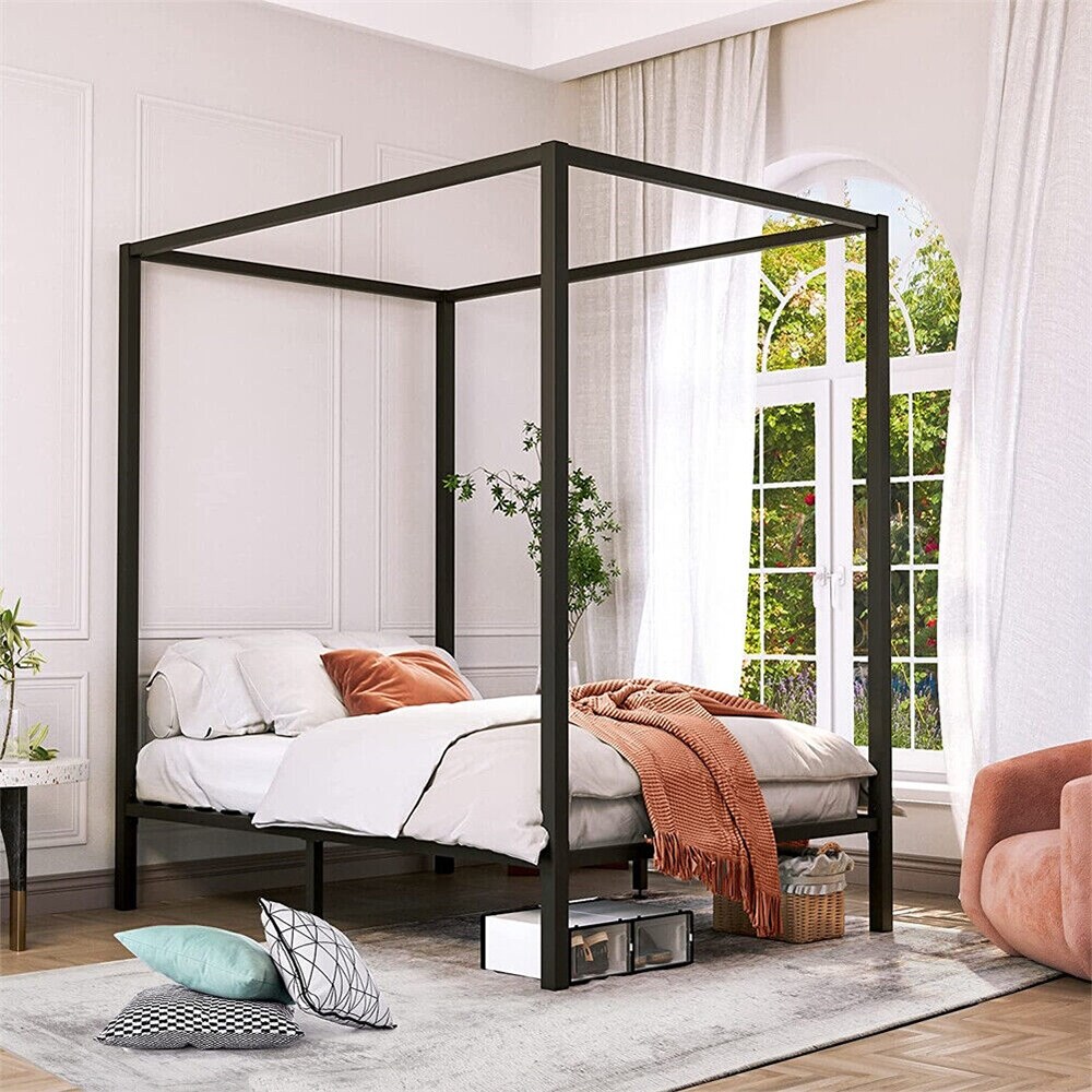 Full Size Metal Canopy Platform Bed Frame Wood Slat Support Black