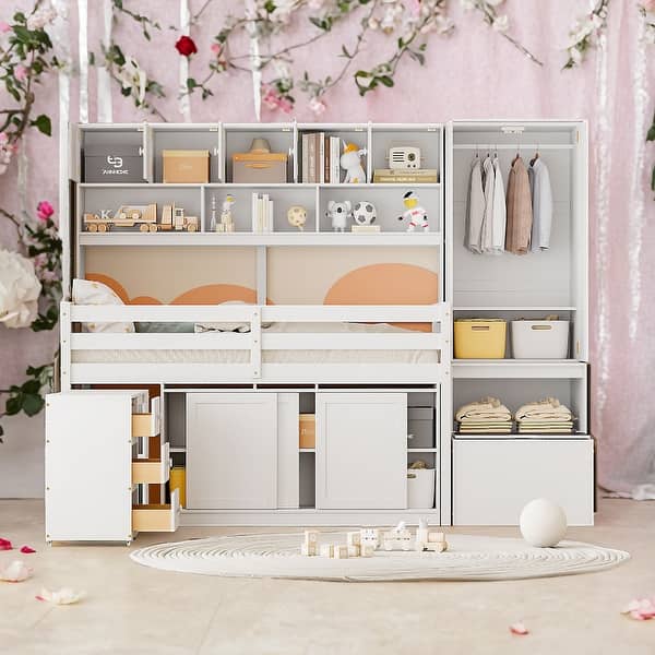 slide 2 of 18, Multifunction Twin Size Loft Bed With Under-bed Desk and Drawers and Shelves White