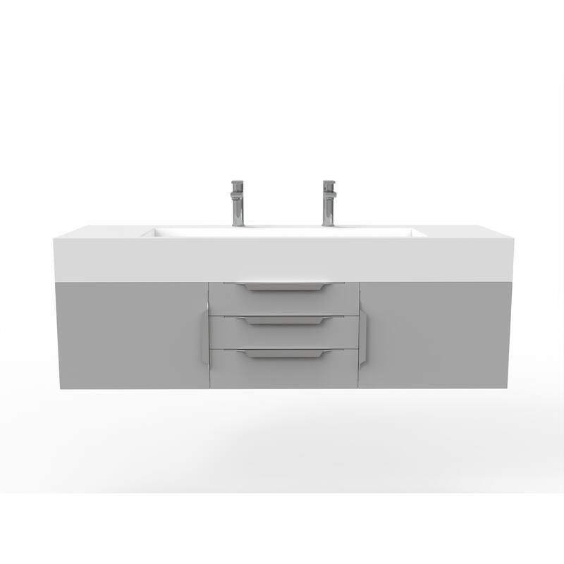 Nile 60" Wall Mounted Bathroom Vanity Set w/ White Top - Grey - Brushed Nickel Finish