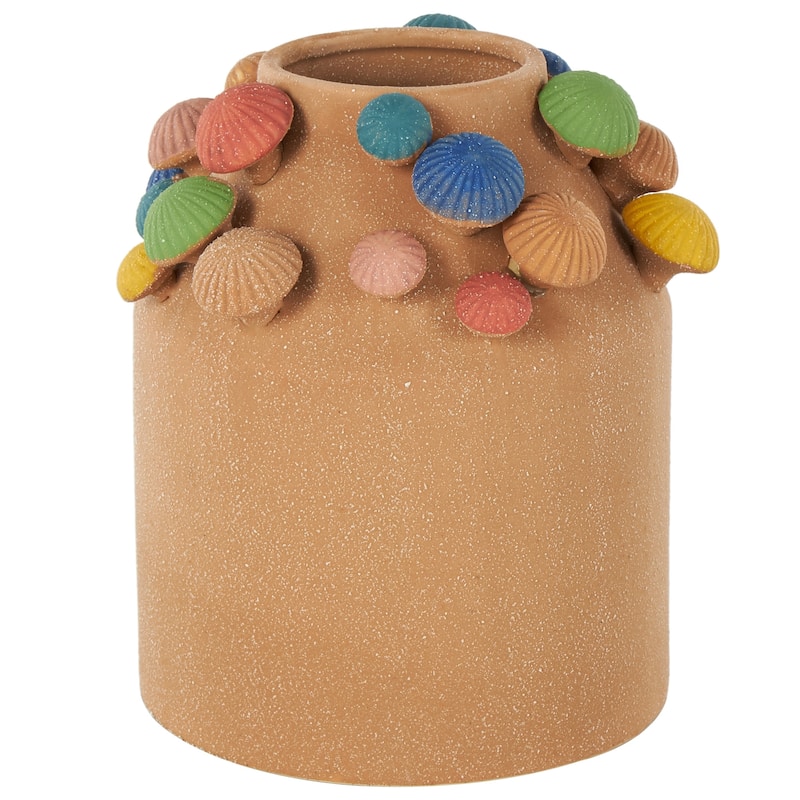 Ceramic Round Wide Decorative Vase with Multicolor Accents and White Speckles - Brown - Roche River Decor - Brown