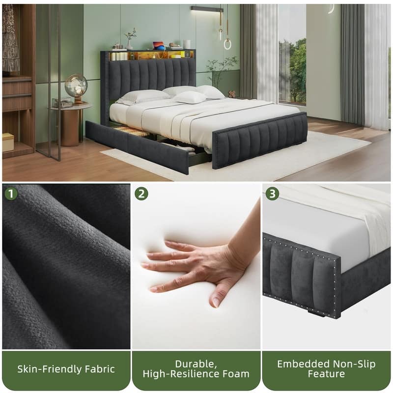 Full / Queen / King Size Platform Bed Frame with Upholstered Storage Headboard and 4 Drawers