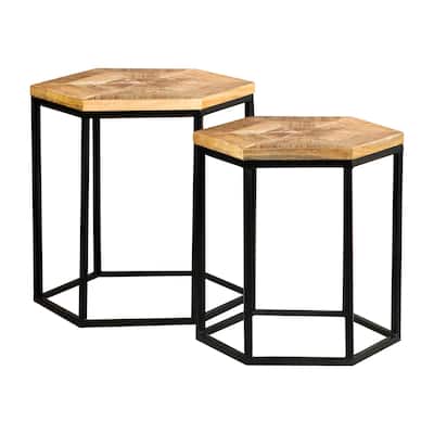 2 Piece Hexagon Shape Nesting Table with Metal Base in Natural and Black