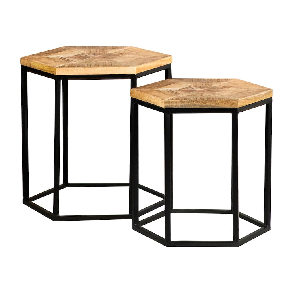 2 Piece Hexagon Shape Nesting Table with Metal Base in Natural and Black