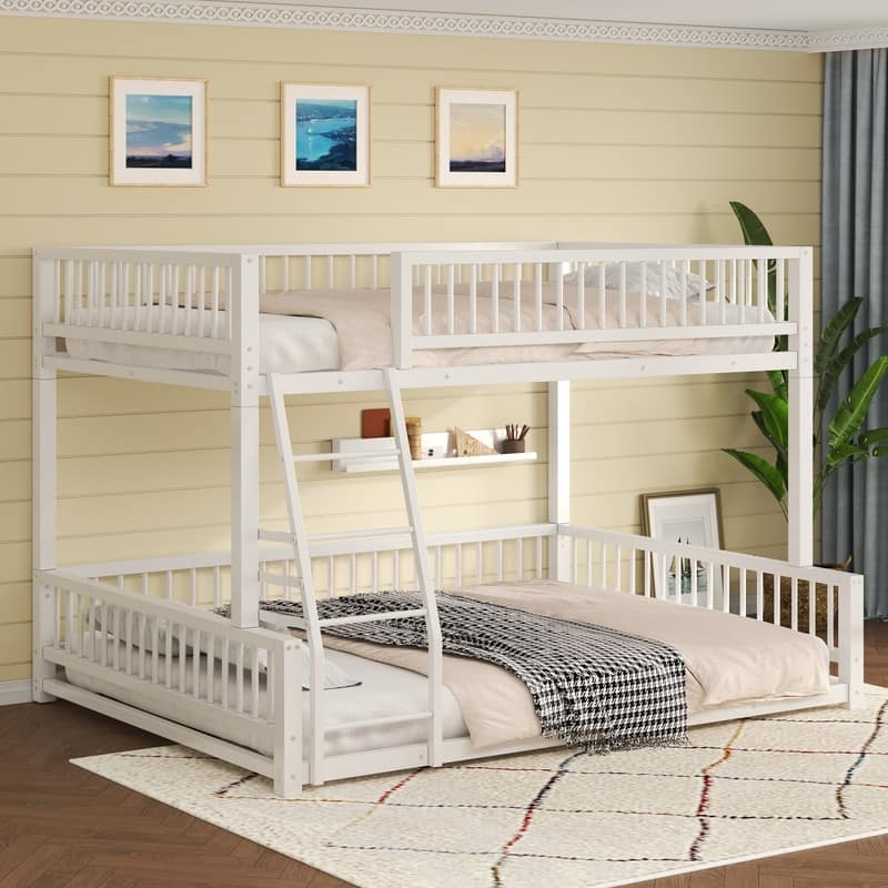 Full XL over Queen Floor Metal Bunk Bed Frame with Ladder and Safety Guardrails - White