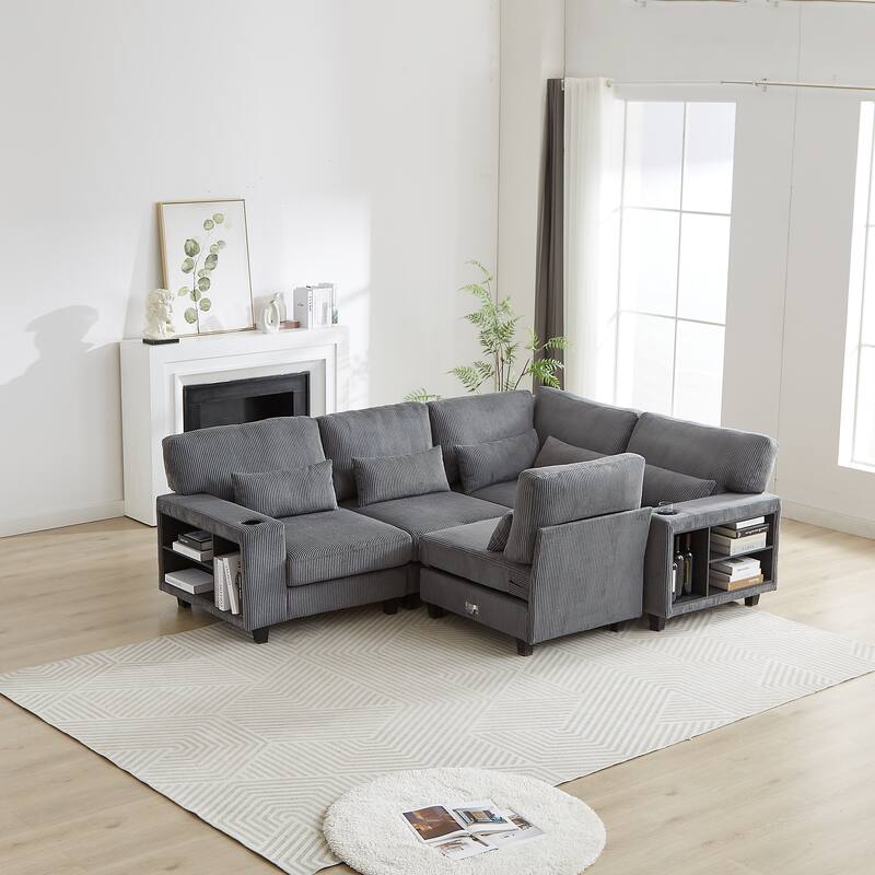102.75" Corduroy L-Shaped Modular Sectional Sofa with Storage