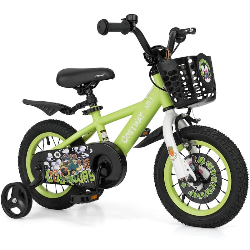12'' Child Bike Kids Bicycle w/ Adjustable Height &Training Wheels - Green