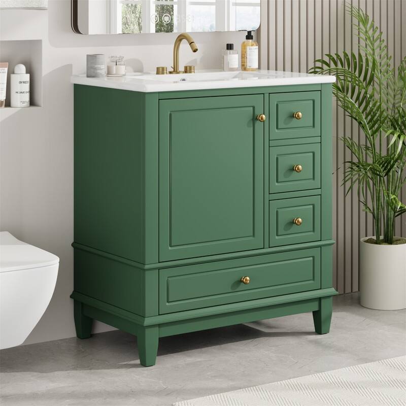 30" Bathroom Vanity with Ceramic Sink, Freestanding Bathroom Vanity Cabinet w/ 3 Storage Drawers, 1 Soft Close Door & Door Shelf