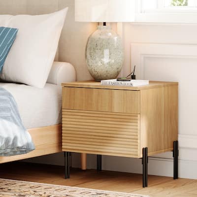 WAMPAT Fluted Nightstand with Charging Station,Modern Side Table with 2 Drawers