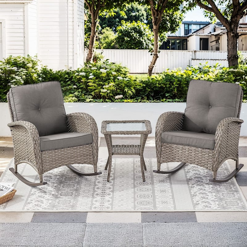 Pocassy 3 Pieces Outdoor Rocking Chairs with Side Table Patio Set. - Gray Cushion - Gray Wicker