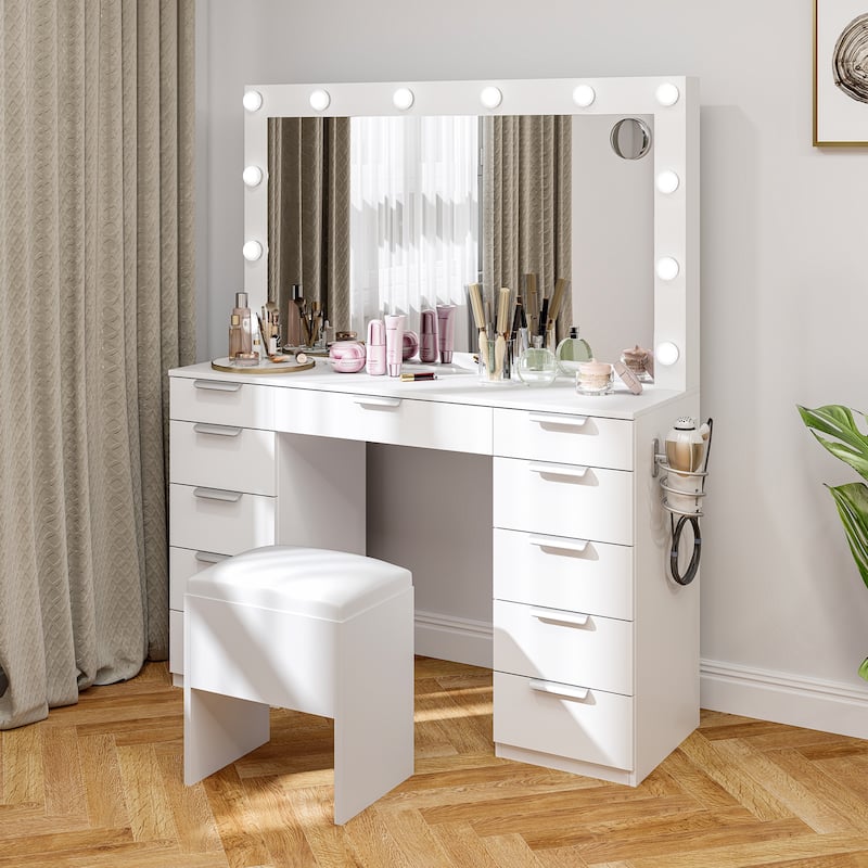 Makeup Vanity Set with Oversized Mirror 3 Color LED Lights Charging Hub 11 Drawers and Comfy Storage Stool for Bedroom - White
