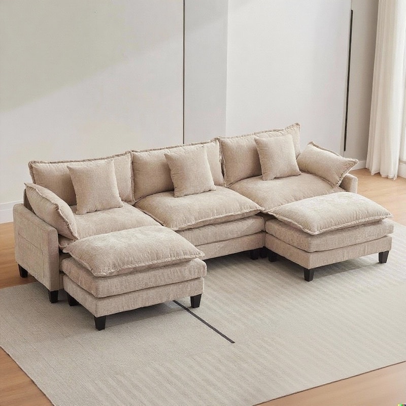 3-Seater Modular Sectional Sofa with Ottoman, 112.2" - Light Coffee