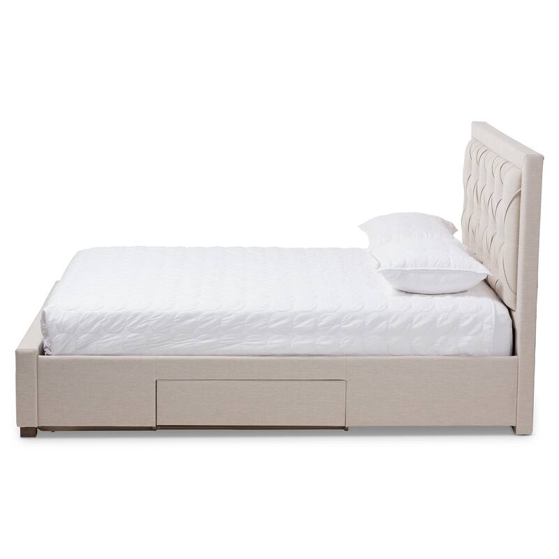 Modern Fabric Storage Bed - Beige Upholstered Platform Bed Frame - Low Profile Bed for Bedrooms