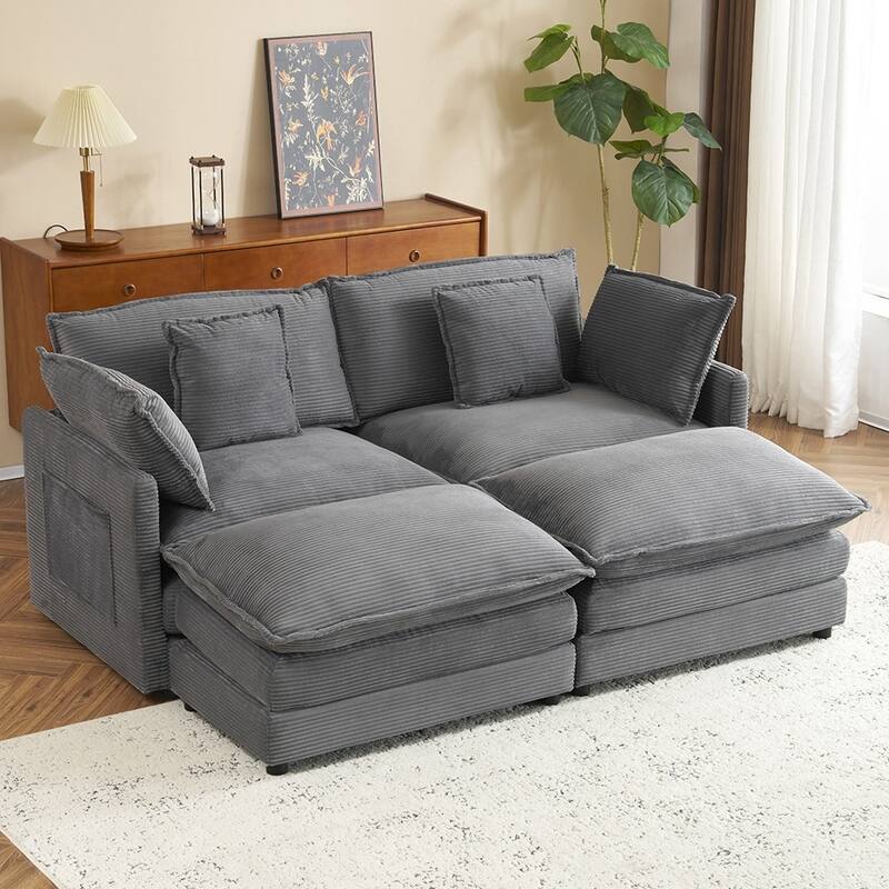 75.6" Compact L-Shape Sectional, Corduroy Modular Sofa with Pockets - Dark Grey