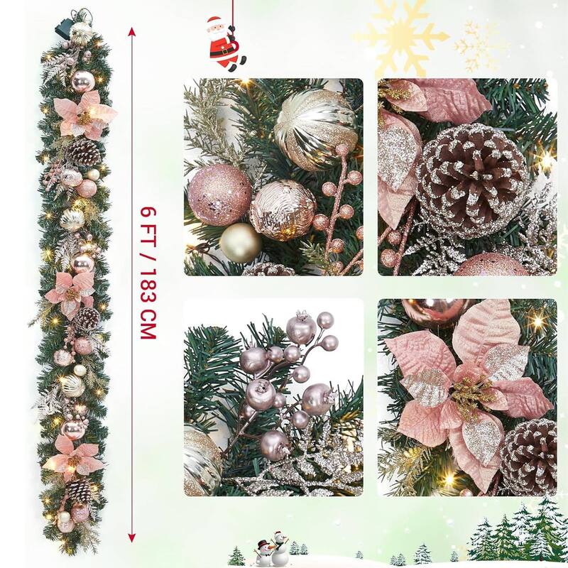6ft Pre-Lit Outdoor Christmas Garlands with LED Lights Rose Gold Balls Flowers - N/A