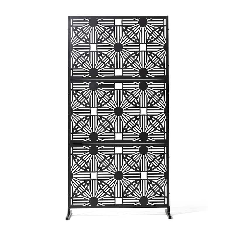 Glitzhome 6ft Galvanized Floral Patterned 3-Panel Privacy Screen Room Divider Fences
