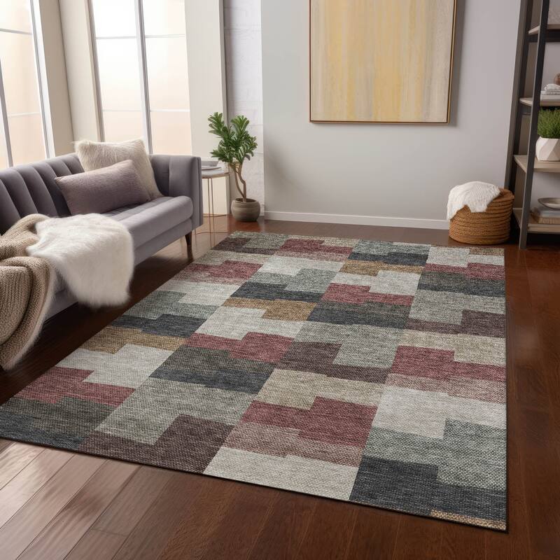 Machine Washable Indoor/ Outdoor Chantille Contemporary Blocks Rug - Paprika - 10' x 14'