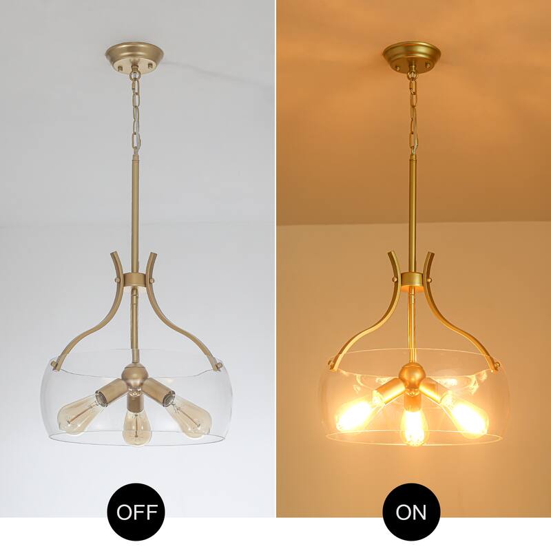 Simple and elegant 3-light metal frame pendant lamp with adjustable height chain and glass lampshade