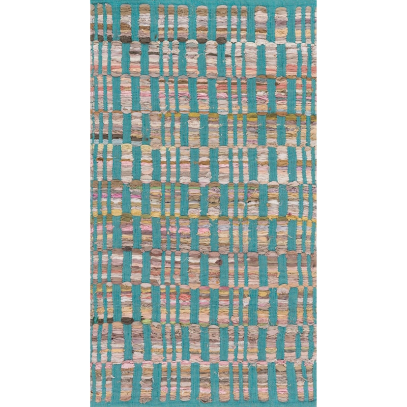 Alexander Home Flatweave Tabby Cotton Stripe Chindi Rug - 1'8" x 3' - Turquoise
