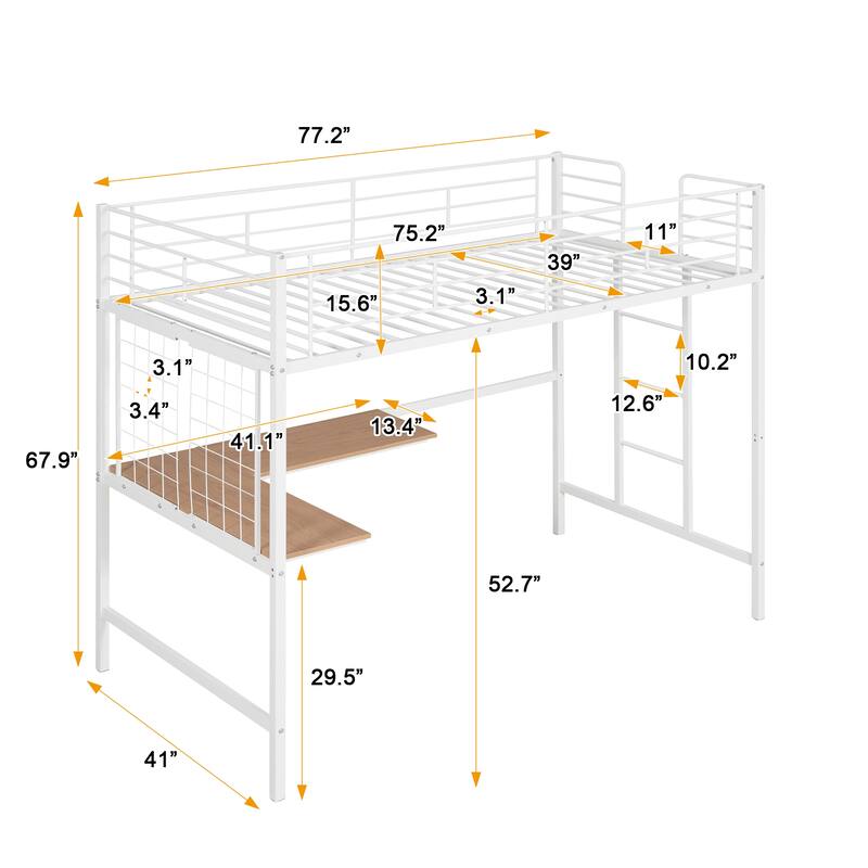 Metal Loft Bed with Desk, Ladder and Metal Grid for Kids, Teens, Girls, Boys